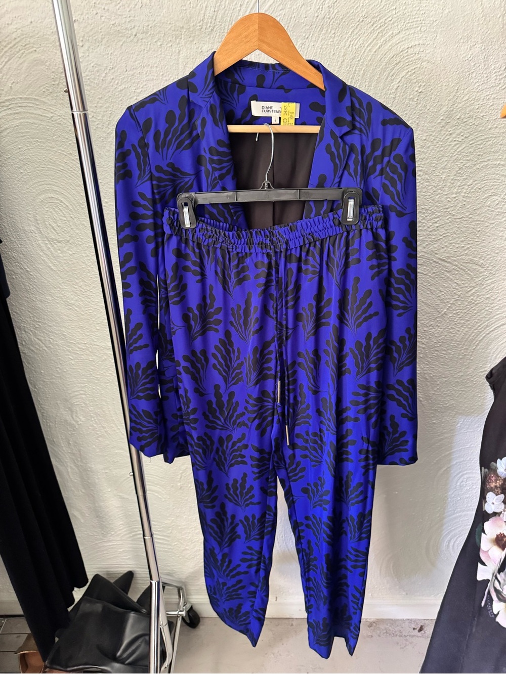 Diane Von Furstenberg Royal Blue and Black Botanical Print Two-Piece Jumpsuit